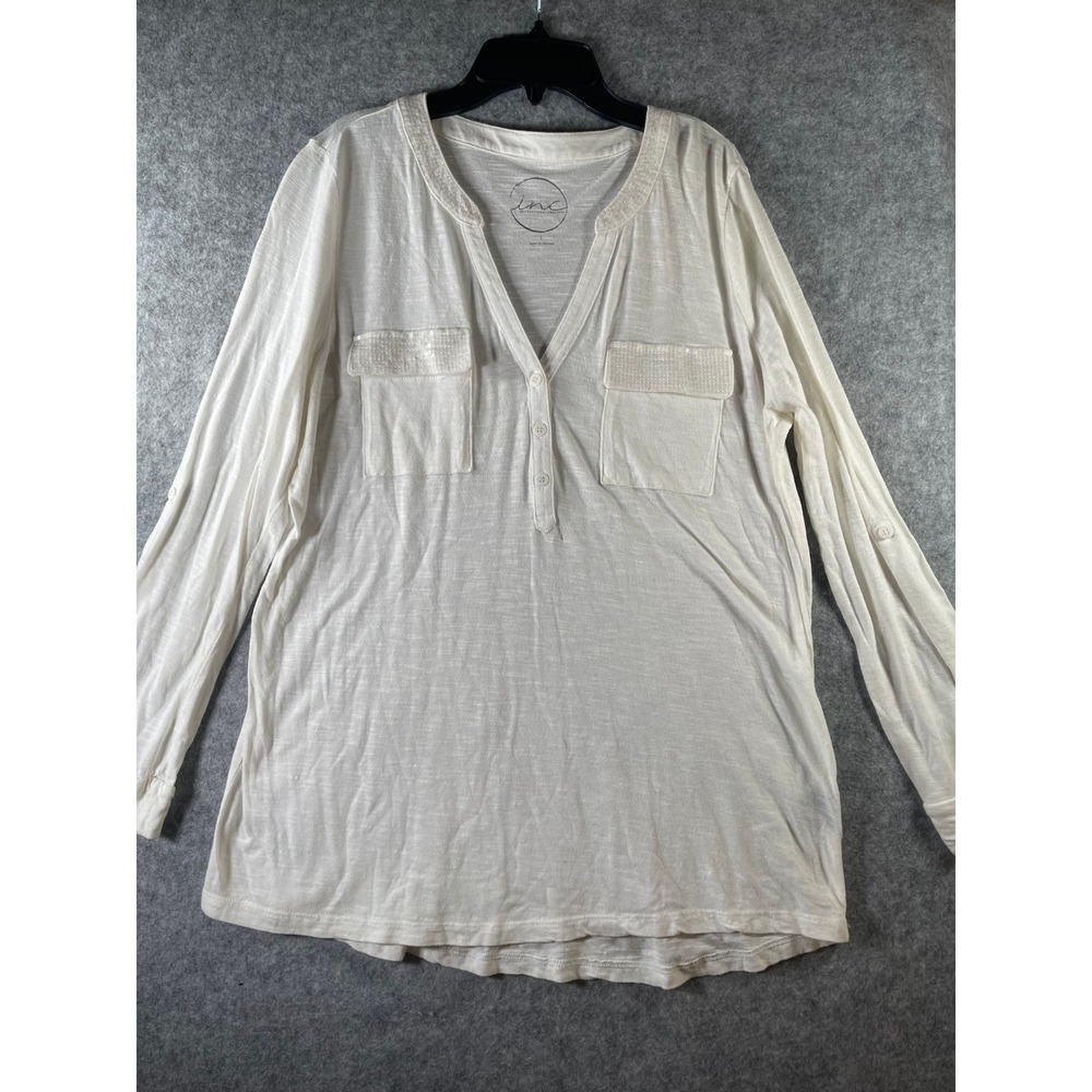 INC International Concepts White Sequin Henley Long Sleeve Roll Tab Top Large